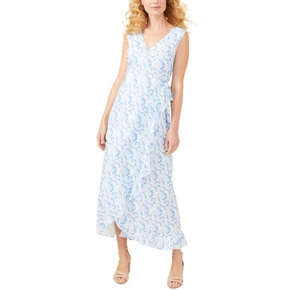 J Mclaughlin Dresses & Skirts - J McLaughlin Cerise‎ Linen Blend Blue and White Floral Maxi Dress Medium